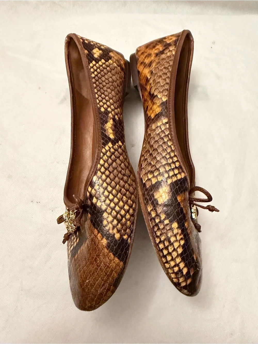 Tory Burch Brown & Tan Snakeskin-Print Ballet Flats with Gold Logo Charm, pre-ow